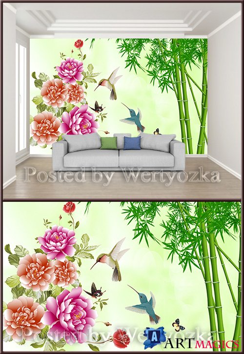 3D psd background wall safflower bird green bamboo