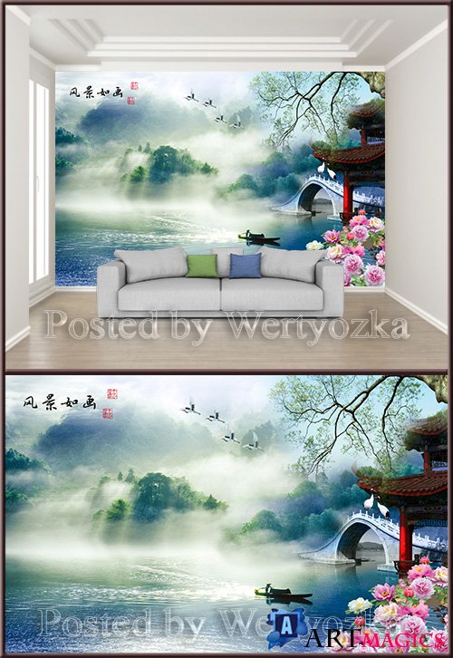 3D psd background wall chinese painting beautiful landscape