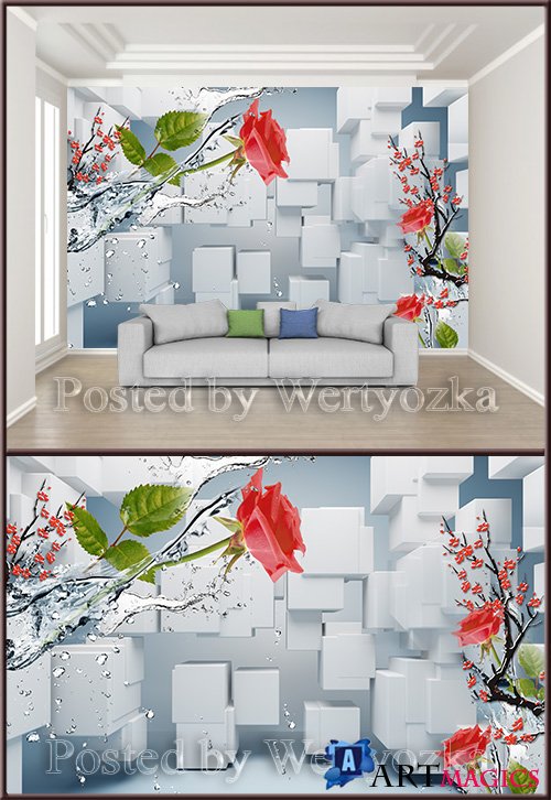 3D psd background wall cubes rose