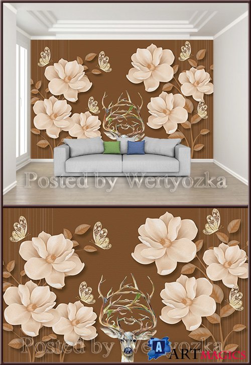 3D psd background wall beautiful flower butterfly deer