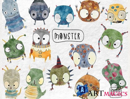 Watercolor Monster Clipart. Cute monster clip art - 484086
