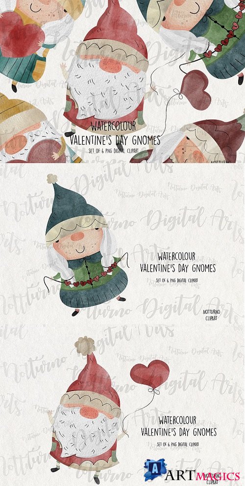 Watercolor Valentines Gnome. Clipart png format - 483364