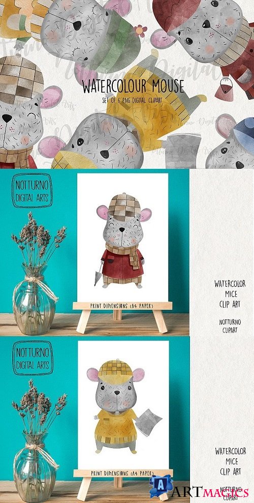 Watercolor Mouse clipart for scrapbooking. Set of 6 mice - 484508