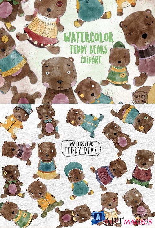 Watercolor Teddy bear Clipart. Set of 16 cute teddy bears - 484084