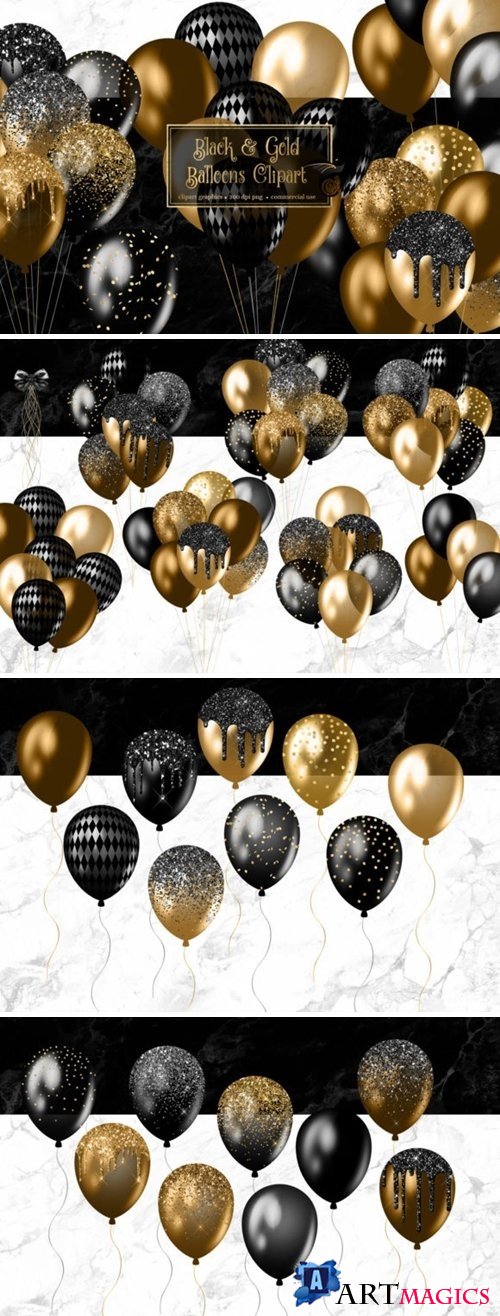 Black and Gold Balloons Clipart - 4498114