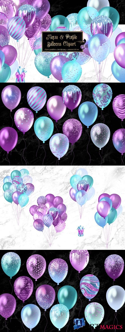 Aqua and Purple Balloons Clipart - 4462899