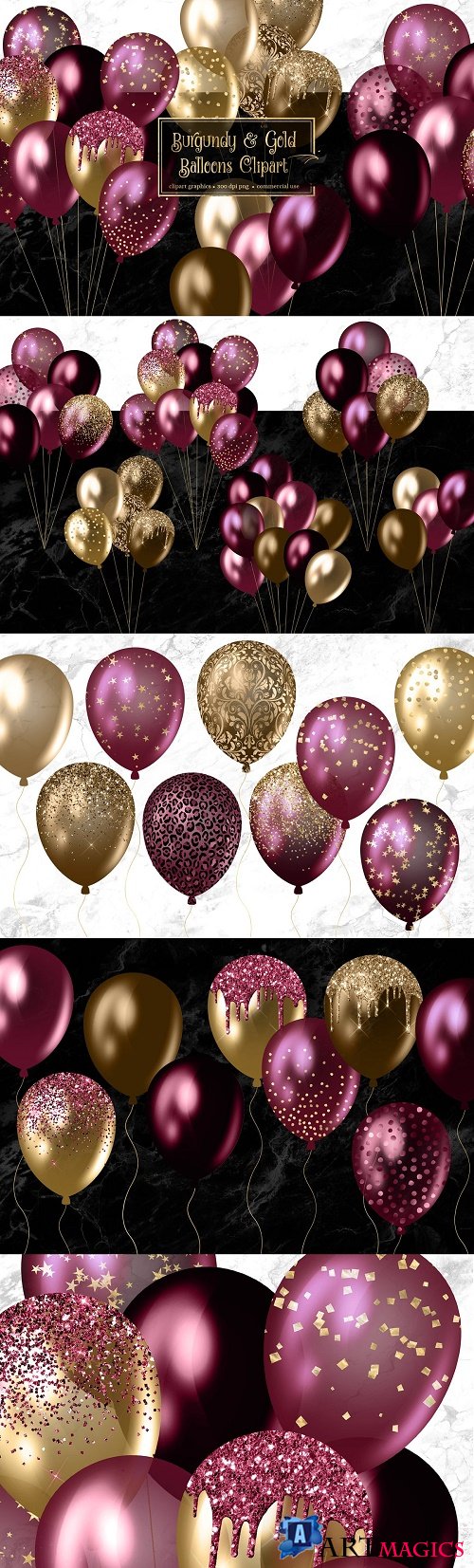 Burgundy and Gold Balloons Clipart - 4465656