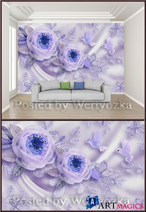3D psd background wall wedding room silk flowers bird