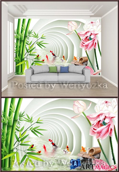 3D psd background wall three dimensional bamboo lotus carp