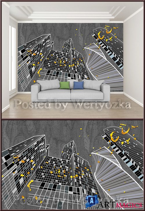 3D psd background wall geometric lines city silhouette