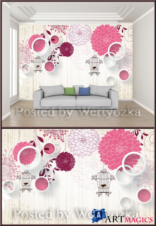 3D psd background wall fashion literary flower solid circle bird