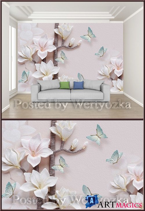 3D psd background wall magnolia flower embossed