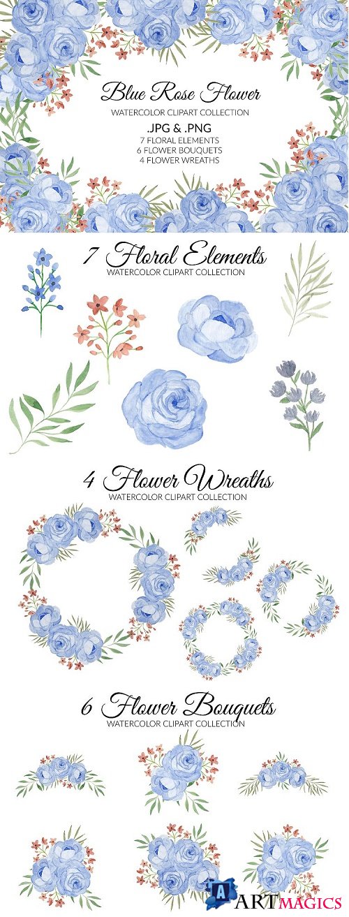 Blue Rose Flower Watercolor Clipart Collection - 515117