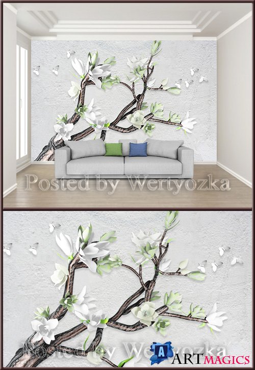 3D psd background wall magnolia butterfly