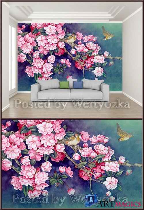 3D psd background wall beautiful hand painted ink bird
