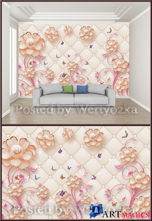 3D psd background wall jewelry flower pearl butterfly