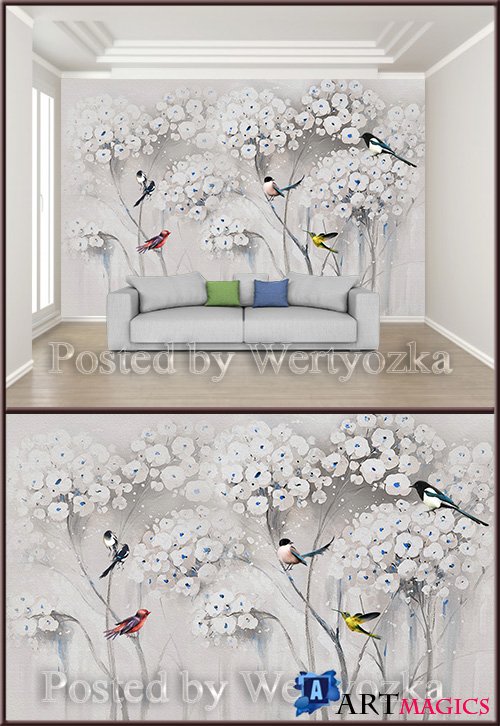 3D psd background wall beautiful flower bird