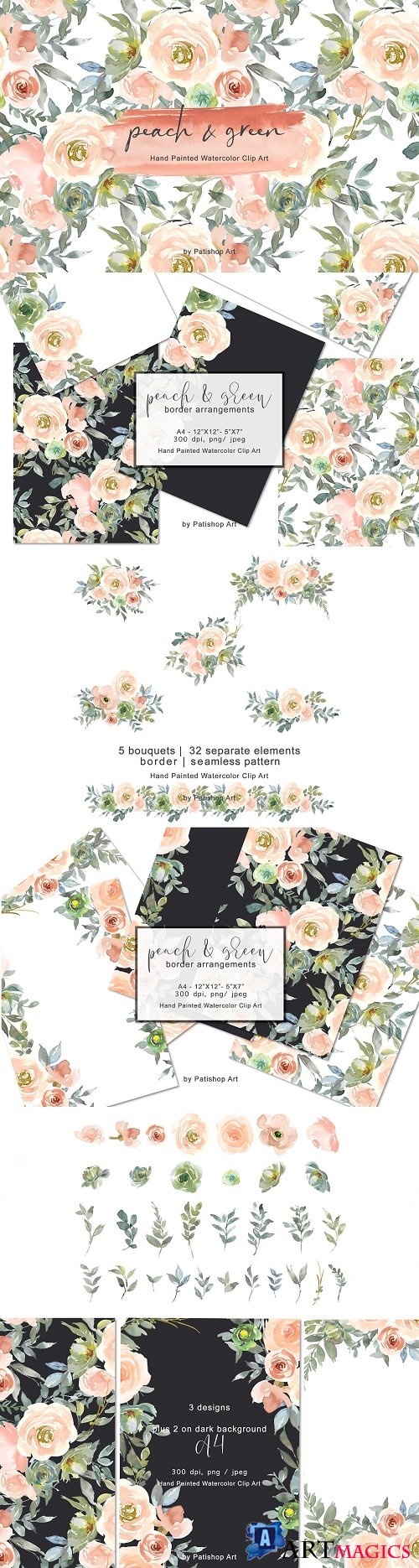 Peach & Green Watercolor Floral Set - 4680403 - Watercolor Floral Clipart and Border Arangements