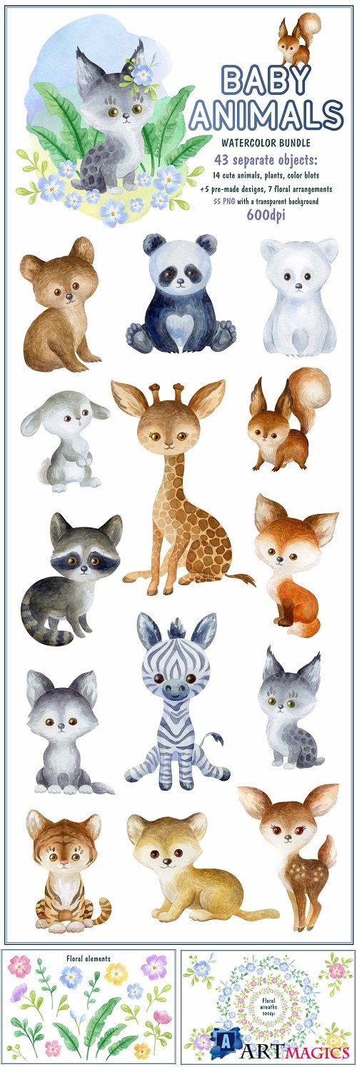 Baby Animals Bundle. Watercolor clip arts - 516234