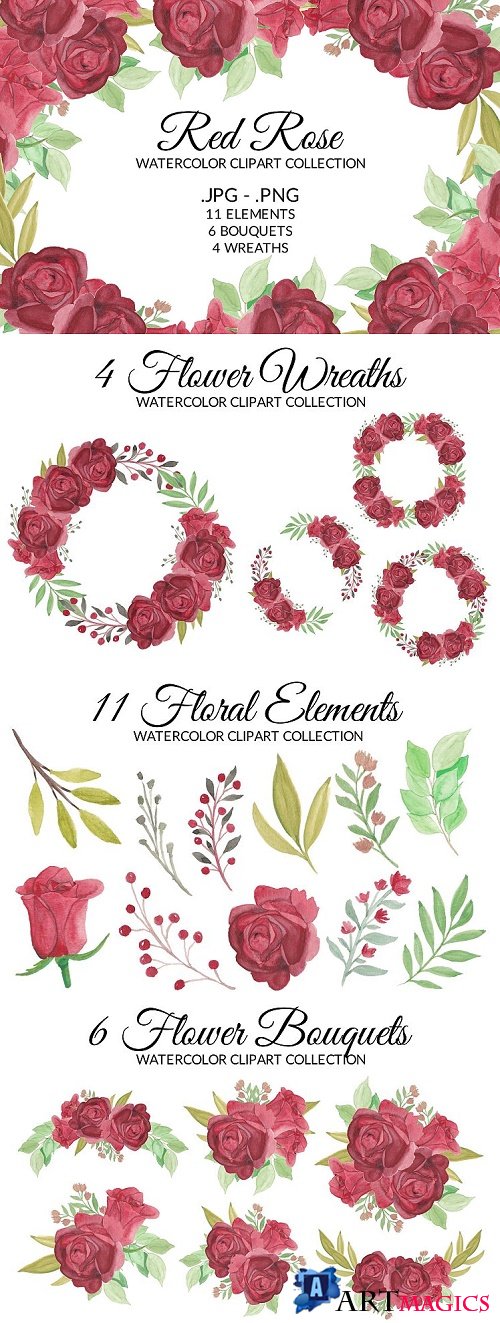 Red Rose Flower Watercolor Clipart Collection - 514444
