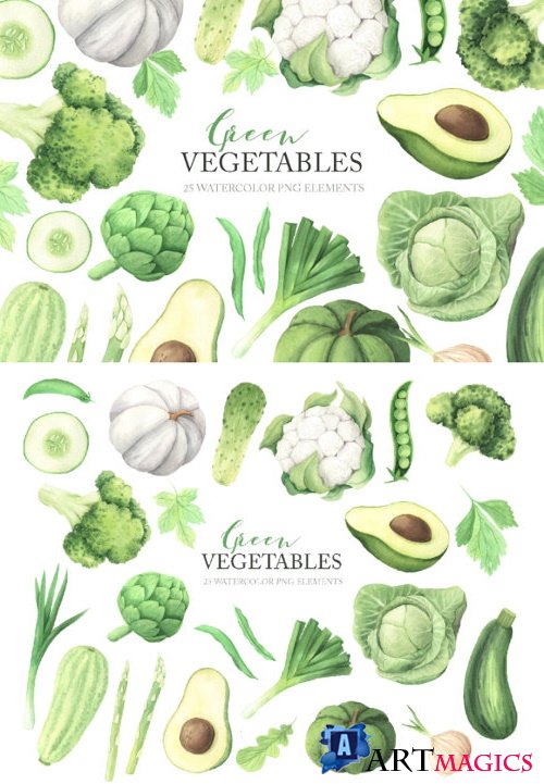 Watercolor Green Vegetables Clipart