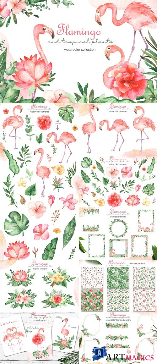 Watercolor flamingos and tropical plants - 4350369