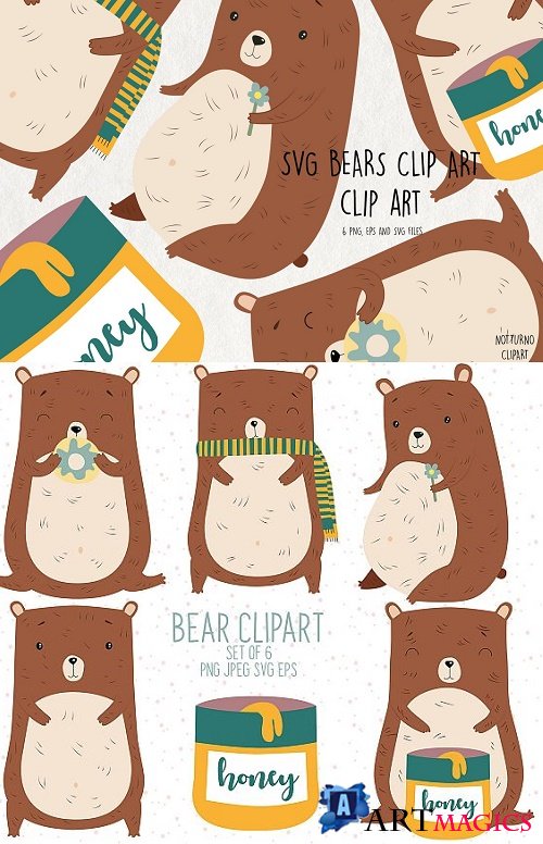 SVG Woodland Bear Clip Art Set. Set of 6 digital clipart  - 516250