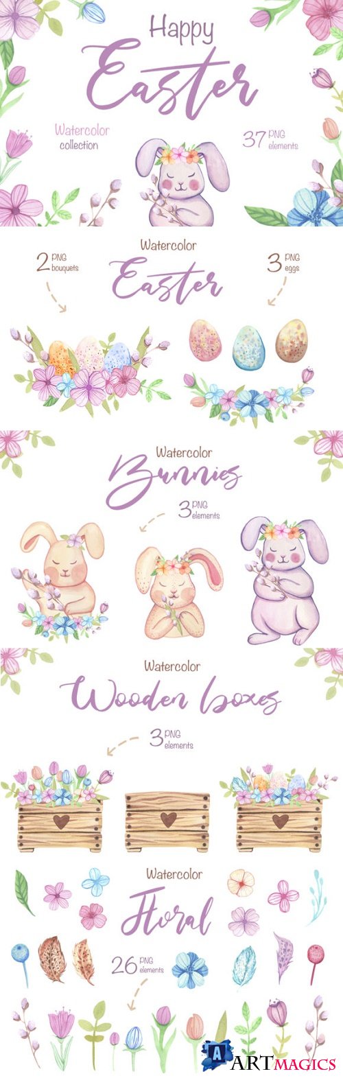 Watercolor Happy Easter Clipart