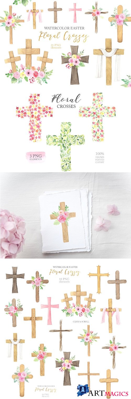 Watercolor Easter Floral Crosses - 4646817