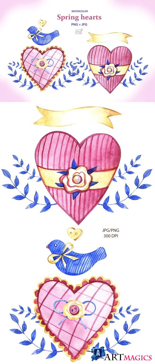 Watercolor spring hearts - 4694960