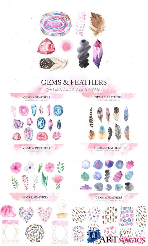Watercolor Gems & Feathers Set - 3044922