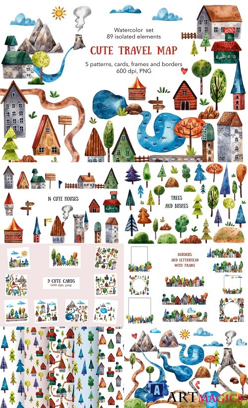 Cute Travel Map - Watercolor Set - 4688663
