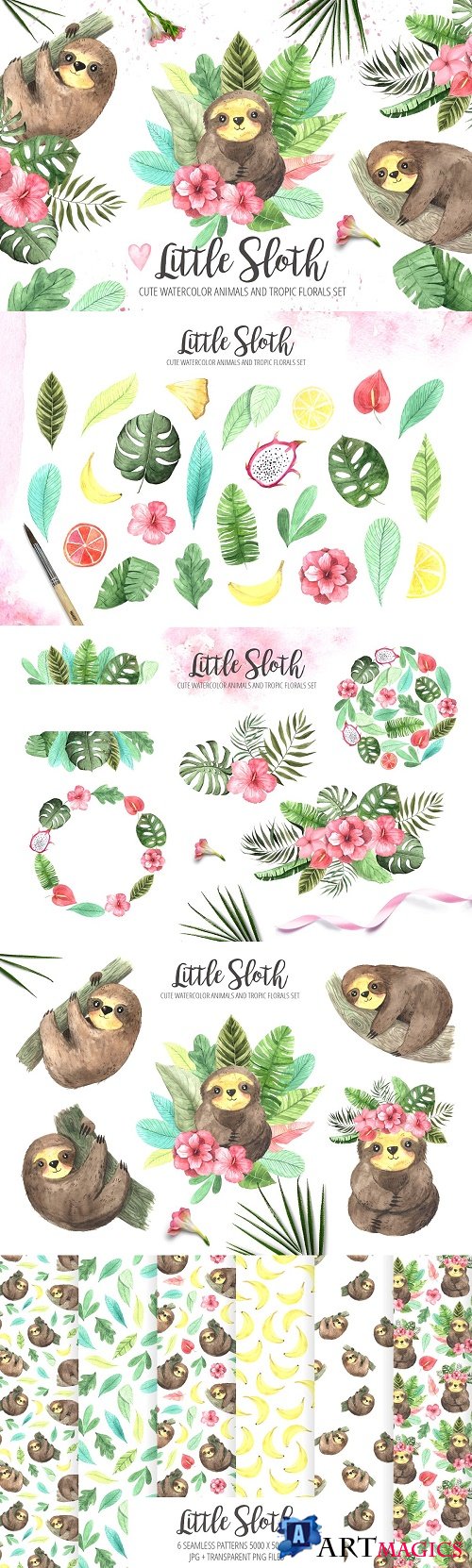 Watercolor Sloth and Tropic Florals - 3295561
