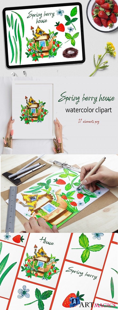 Lovely tea fairy house. Watercolor clipart  - 517231