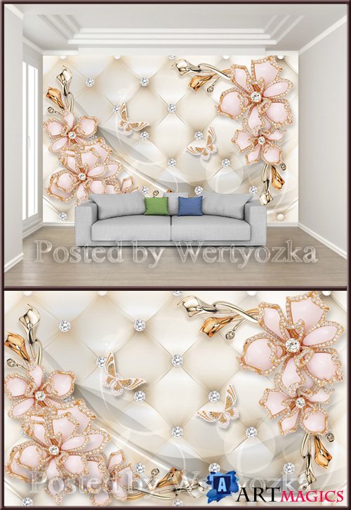 3D psd background wall diamond heart jewels_flower