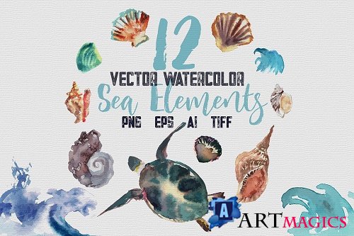 12 Vector Watecolor Clipart Sea Elements, png, tiff, ai, eps  - 517266