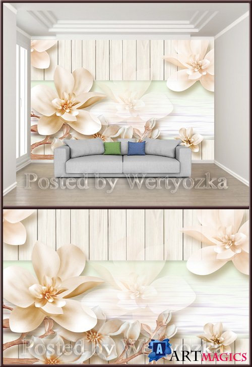 3D psd background wall three dimensional elegant flowers pale