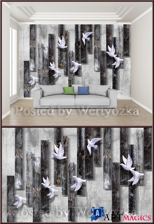 3D psd background wall vintage wooden board flying bird