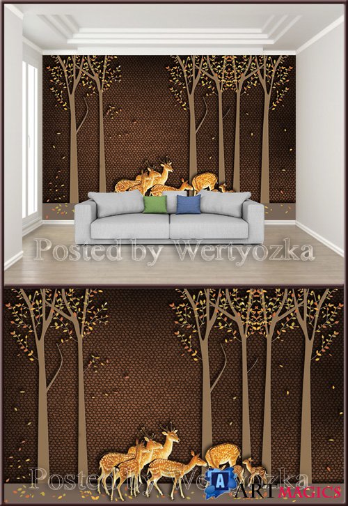 3D psd background wall new modern elk small forest