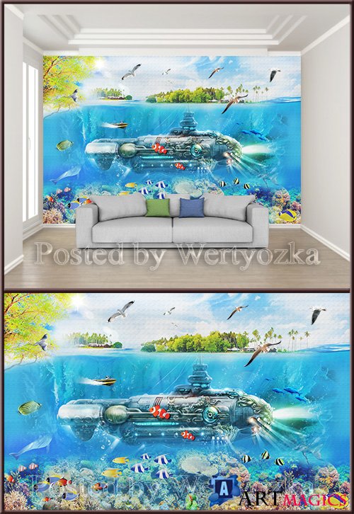 3D psd background wall nordic minimalist underwater world submarine