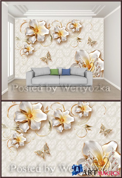3D psd background wall golden jewels flowers