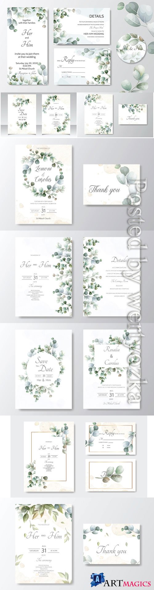 Wedding invitation card with green leaves template