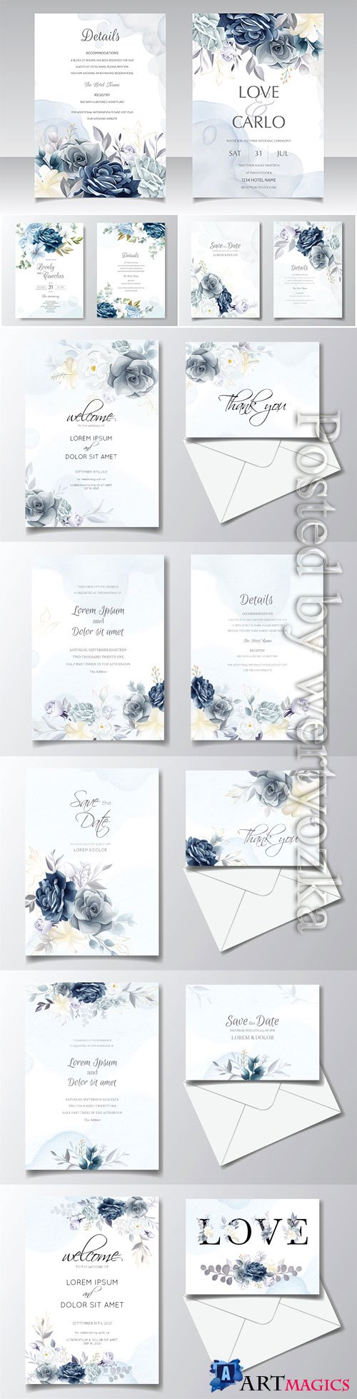 Navy blue floral wedding invitation card template with watercolor frame