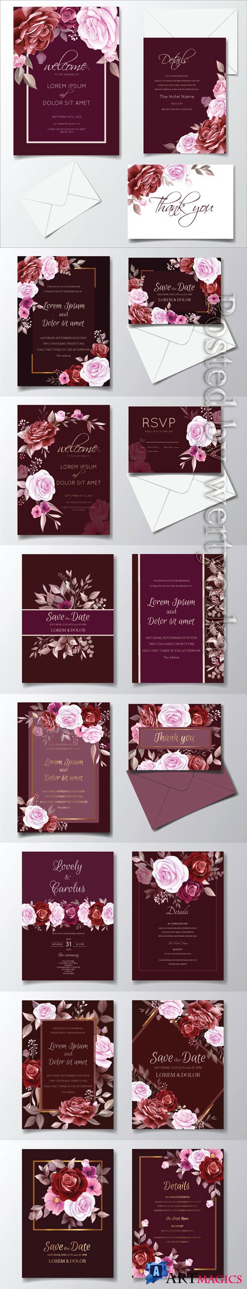 Romantic maroon wedding invitation card template set with rose, cosmos flowers, and leaves