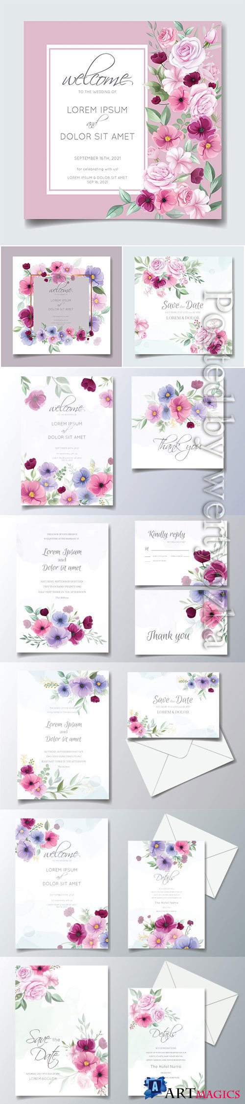 Colorful hand drawn floral wedding invitation card