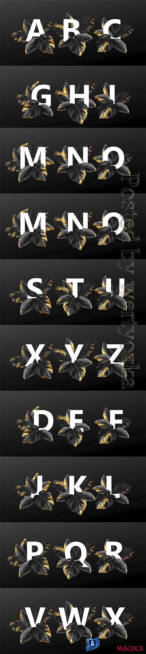 Alphabet letters in black with golden exotic tropical leaves of plants