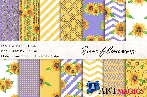 Watercolor Sunflowers Digital Papers - 4708819