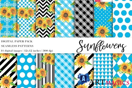 Watercolor Sunflowers Digital Papers - 4708970
