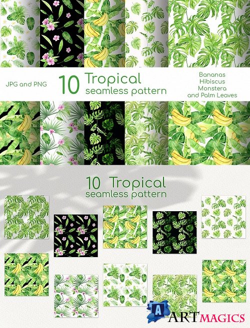 Watercolor digital paper pack with tropical palm leaves - 519925