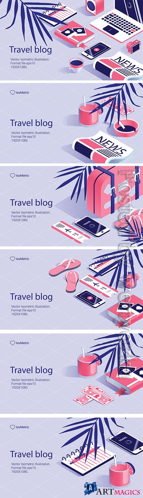 Travel bloger, illustration work tabel, banners set
